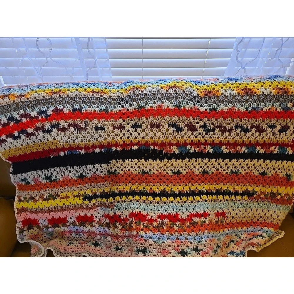 Vtg Crochet Blanket Throw Handmade Granny Stripe Multicolor Boho 56x47 Afghan